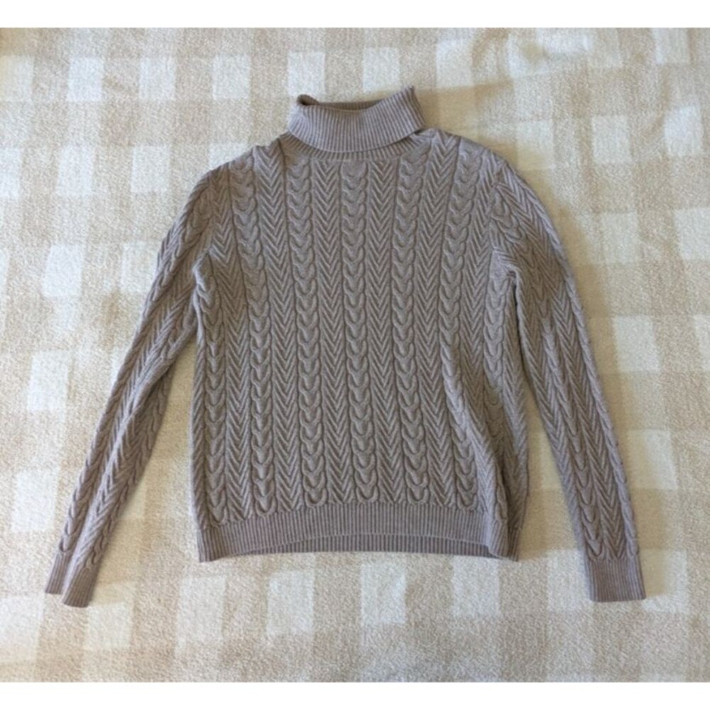 Lands End Sweater Womens Small 6-8 Beige Taupe Cable Knit Turtleneck Long Sleeve